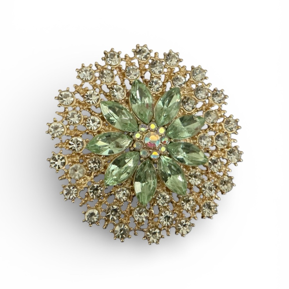 Vintage-Inspired Green and Gold Crystal Brooch NWT